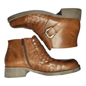 Romano Ridolfi Ankle Boots Womens US 7 Brown Weave Leather Block Heel Side Zip
